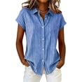 thumbnail image 1 of CBASIHI Womens Striped Cotton Linen Button Up Shirts- Relaxed Fit Casual Elegant Collared Summer Classic Short Sleeve Office Work Tops Blue Size S-2XL, 1 of 6