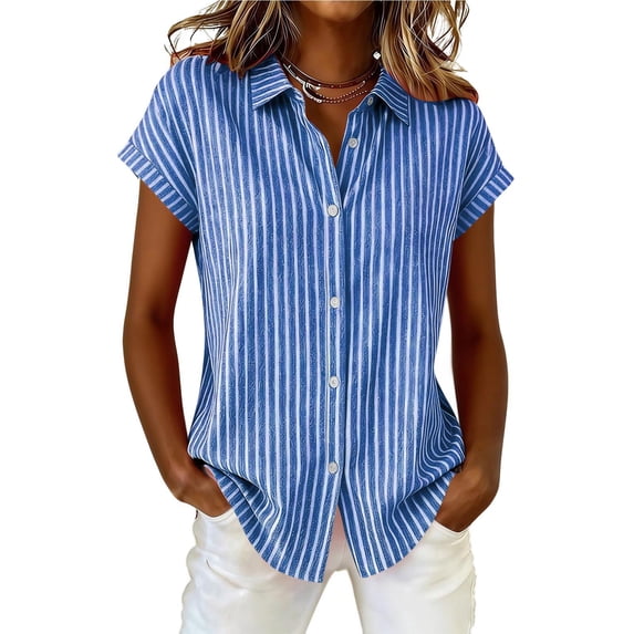 CBASIHI Womens Striped Cotton Linen Button Up Shirts- Relaxed Fit Casual Elegant Collared Summer Classic Short Sleeve Office Work Tops Blue Size S-2XL