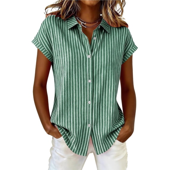 CBASIHI Womens Striped Cotton Linen Button Up Shirts- Summer Classic Casual Elegant Collared Relaxed Fit Short Sleeve Office Work Tops Green Size M