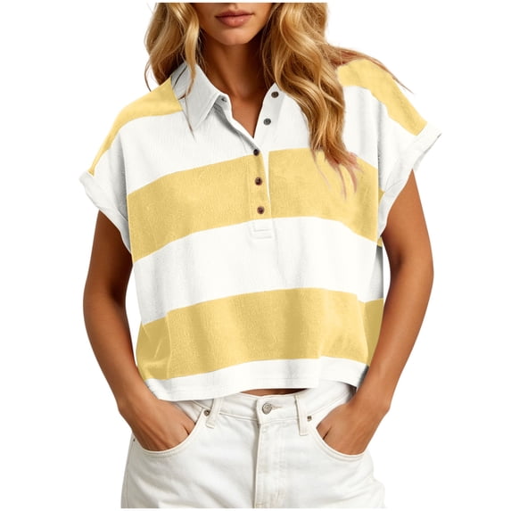 CBASIHI Womens Striped Crop Polo Shirts- Casual Collar Summer Loose Fit Short Sleeve Trendy Vintage Tops Yellow Size L