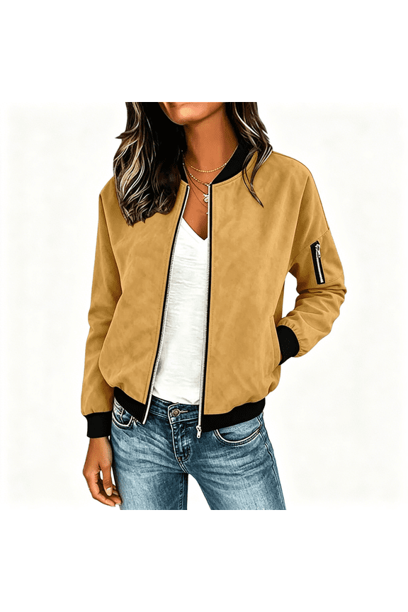 Womens Suede Bomber Jackets with Pockets- Casual Zip Up Loose Fit Trendy Long Sleeve Fall Outerwear Yellow Size S-2XL