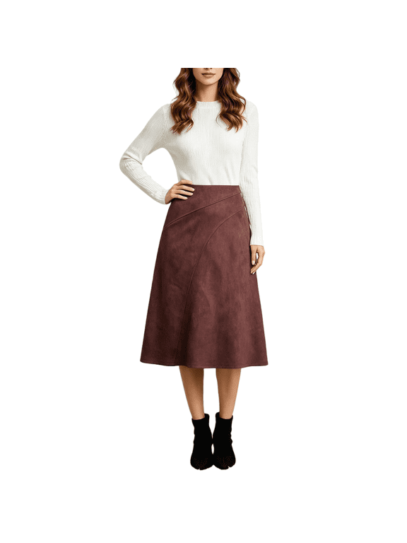 Womens Suede Midi Skirts- Retro High Elastic Waist Casual Hidden Zipper Fall Winter Skirts Red Size M