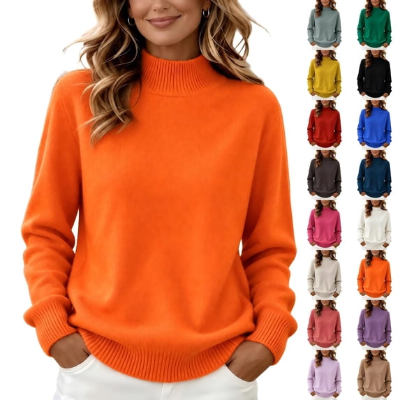 CBASIHI Womens Sweater Knitted Long Sleeve Casual Mock Neck Fall Sweater for Women Orange M