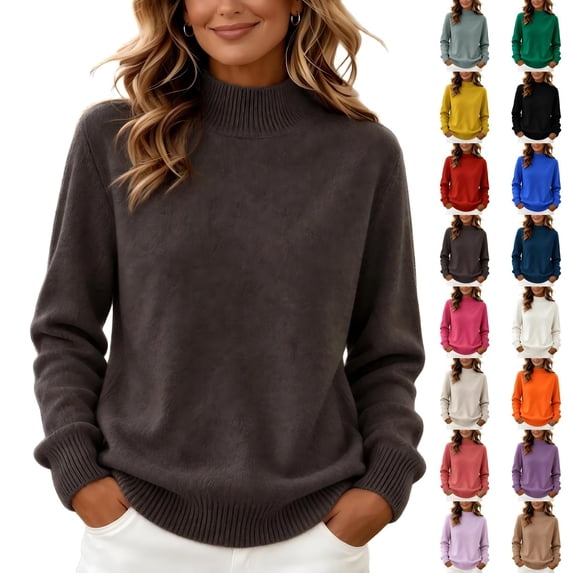 CBASIHI Womens Sweater Knitted Mock Neck Casual Long Sleeve Fall Sweater for Women Brown XL