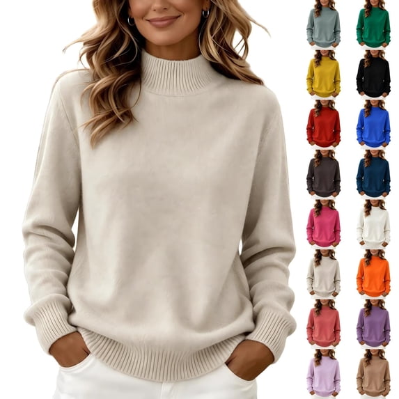 CBASIHI Womens Sweater Long Sleeve Casual Mock Neck Knitted Fall Sweater for Women Beige M