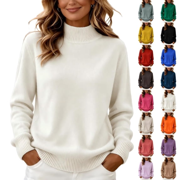 CBASIHI Womens Sweater Size S-2XL, Knitted Long Sleeve Casual Mock Neck Fall Sweater for Women White