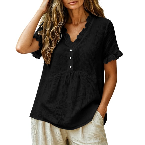 CBASIHI Womens Textured Cotton Babydoll Tops with Ruffle Trim- Summer Loose Fit Casual Short Sleeve V Neck French Peplum T Shirts Black Size S