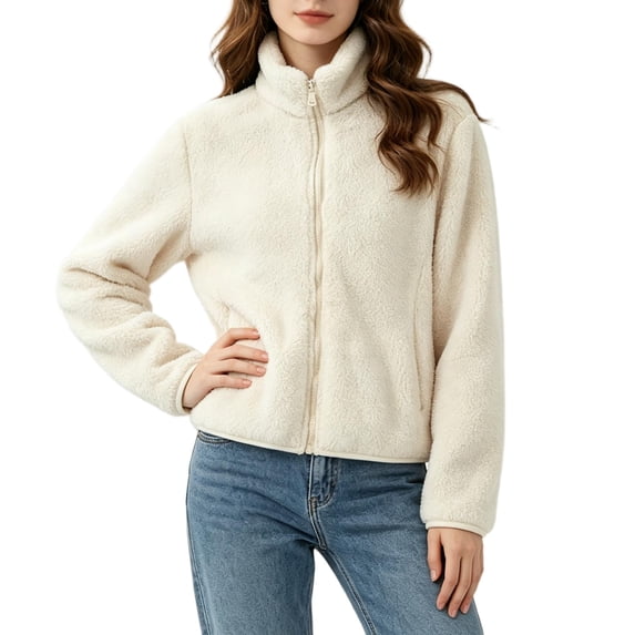 CBASIHI Womens Thickened Fleece Sherpa Jackets- Fall Loose Fit Casual Stand Collar Long Sleeve Double Sided Zip Up Coat White Size 5XL