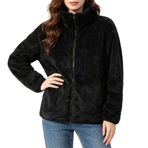 CBASIHI Womens Thickened Fleece Sherpa Jackets- Loose Fit Casual Stand Collar Long Sleeve Fall Double Sided Zip Up Coat Black Size XL