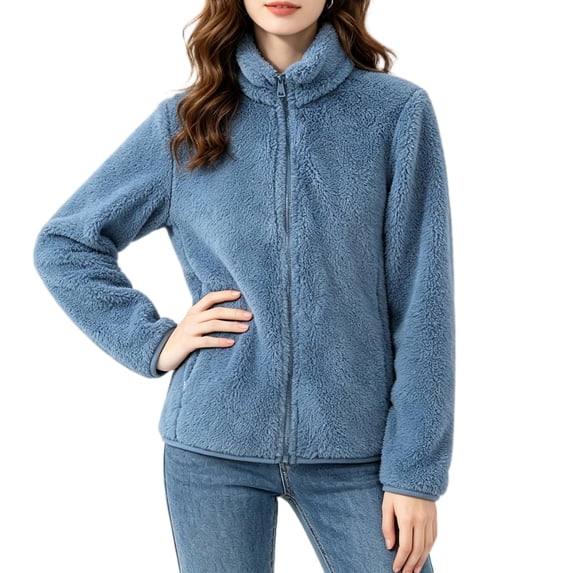 CBASIHI Womens Thickened Fleece Sherpa Jackets- Loose Fit Fall Stand Collar Long Sleeve Casual Double Sided Zip Up Coat Sky Blue Size M-5XL