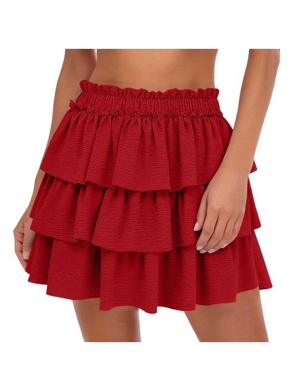 Womens Tiered Ruffle Cotton Mini Skirts- Elastic Waistband Trendy Summer Casual Flowy A Line Skirts Red Size M