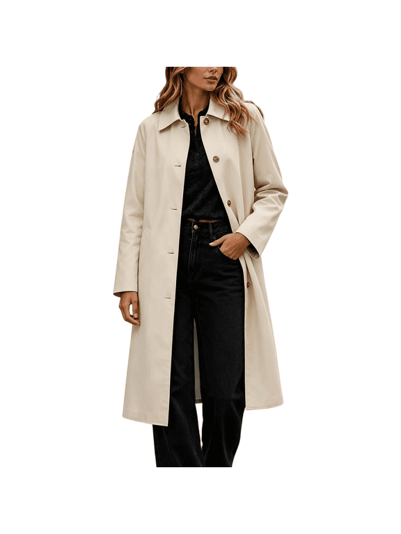 Womens Trench Coat Collared Casual Long Sleeve Single Breasted Fall Winter Outerwear Beige 3XL