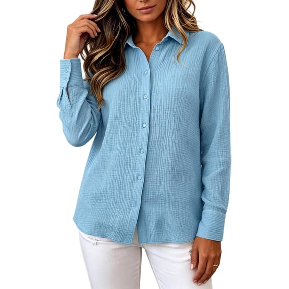 CBASIHI Womens Waffle Knit Cotton Button Down Shirts- Casual Relaxed Fit Collared Long Sleeve Fall Tops with Chest Pocket Blue Size 2XL