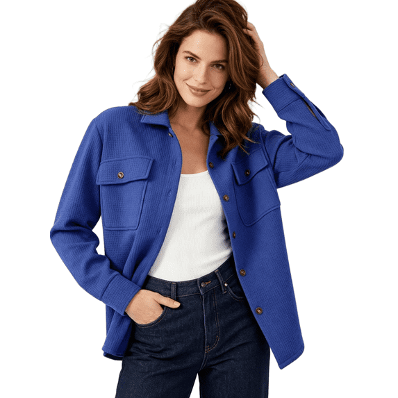 CBASIHI Womens Waffle Knit Long Sleeve Shackets- Casual Fall Lightweight Oversized Collared Button Down Shirt Jacket Blue Size L