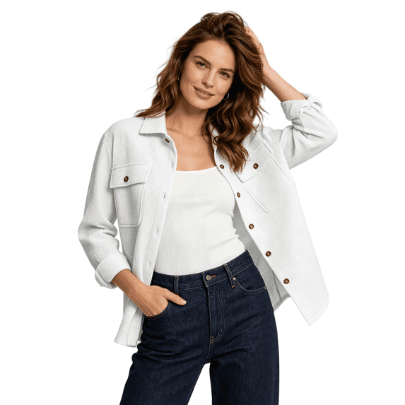 CBASIHI Womens Waffle Knit Long Sleeve Shackets- Oversized Lightweight Casual Fall Collared Button Down Shirt Jacket White Size L