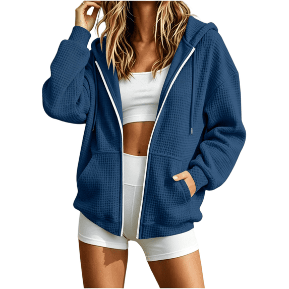 CBASIHI Womens Waffle Knit Oversized Sweatshirts- Lightweight Zip Up Fall Casual Trendy Long Sleeve Hooded Jackets with Kangaroo Pockets Navy Size S-2XL