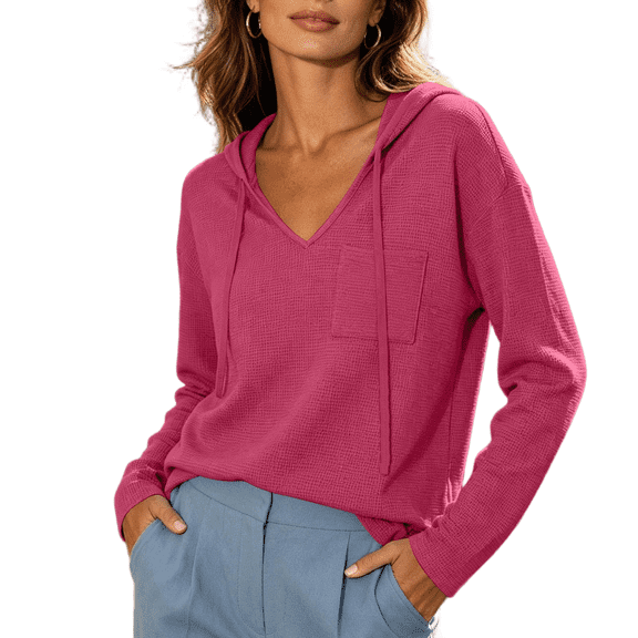 CBASIHI Womens Waffle Knitted Hoodie with Pockets- Long Sleeve Casual Fashion Loose Fit V Neck Fall Pullover Sweatshirts Hot Pink Size S-2XL