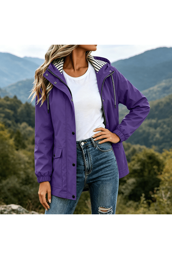 Womens Waterproof Windbreaker Long Jackets- Lightweight Hiking Travel Long Sleeve Casual Fall Hooded Outdoor Coats Purple Size 4XL