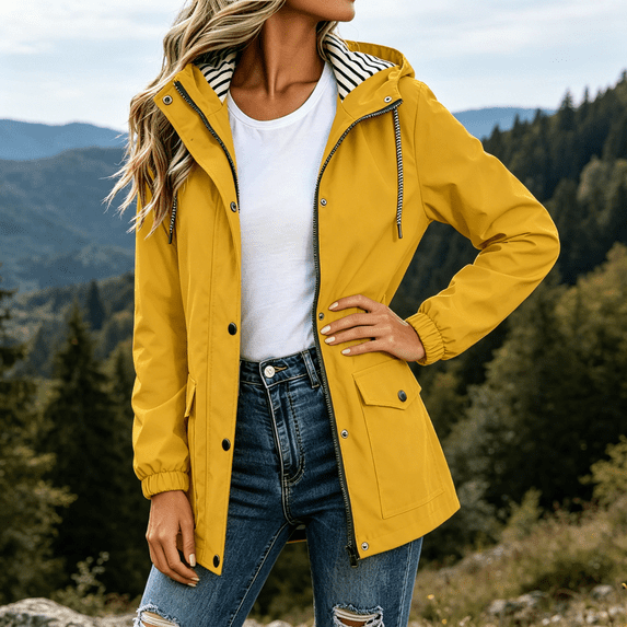 CBASIHI Womens Waterproof Windbreaker Long Jackets- Long Sleeve Casual Fall Hiking Travel Lightweight Hooded Outdoor Coats Yellow Size S-5XL