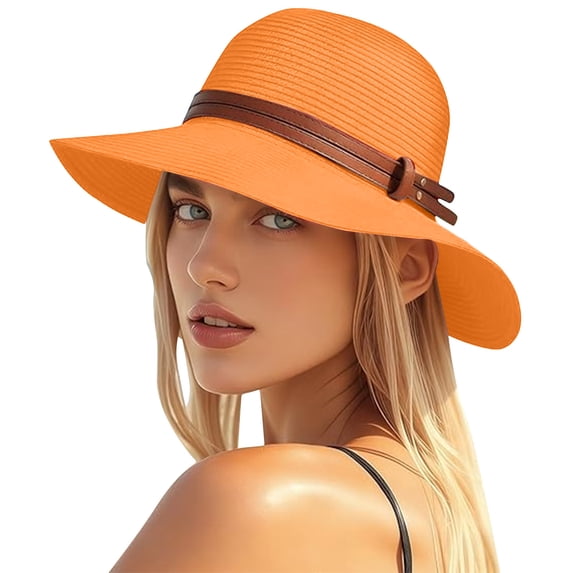 CBASIHI Womens Wide Brim Packable Sun Hats- Straw Leather Belt Summer Floppy UV Protection Travel Beach Straw Hats Orange Size Free Size