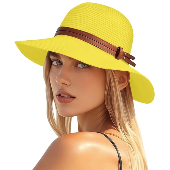 CBASIHI Womens Wide Brim Packable Sun Hats- Straw UV Protection Leather Belt Summer Floppy Travel Beach Straw Hats Yellow Size Free Size