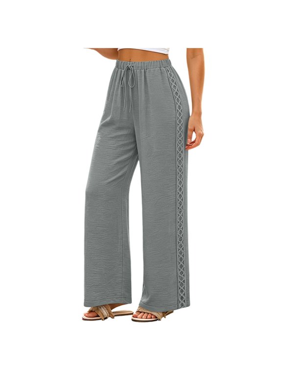 Womens Wide Leg Pants with Pockets- High Waist Summer Lace Hollow Out Drawstring Elastic Waist Flowy Palazzo Pants Gray Size M