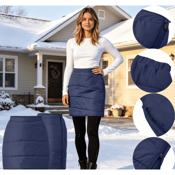 CBASIHI Womens Winter Cotton Warm Skirts with Pocket- Padded High Waist Side Zipper A Line Thermal Midi Skirt Dark Blue Size S-2XL