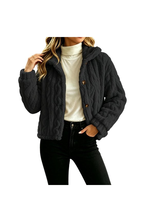 Womens Winter Warm Fleece Cropped Coats Hooded Loose Fit Casual Teddy Thick Button Down Outwear Black XXL