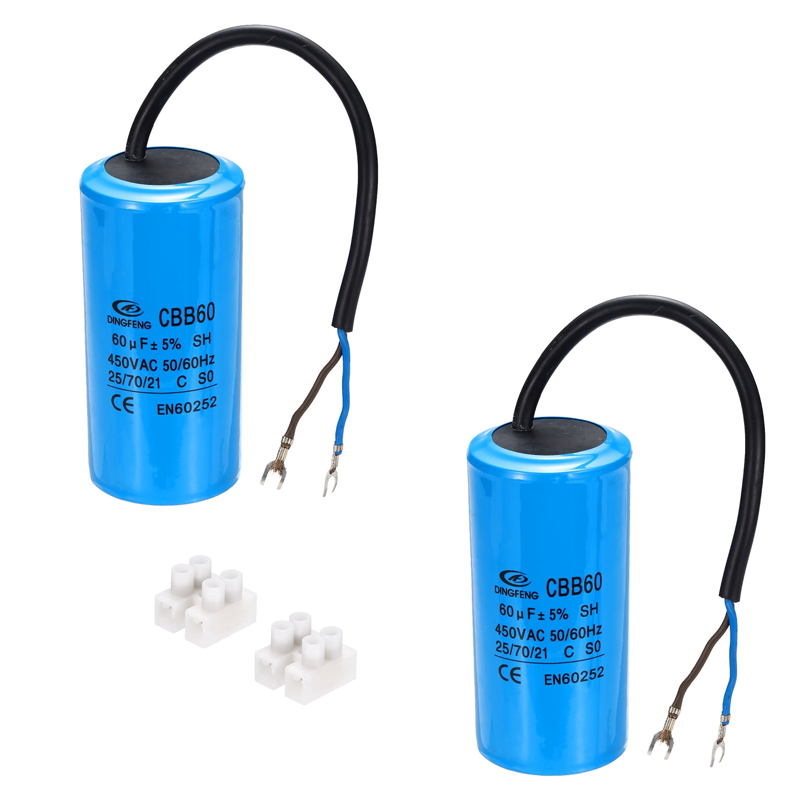 CBB60 60uF Running Capacitors, AC 450V 2 Wires 50/60Hz Cylinder 100x50mm,2Set