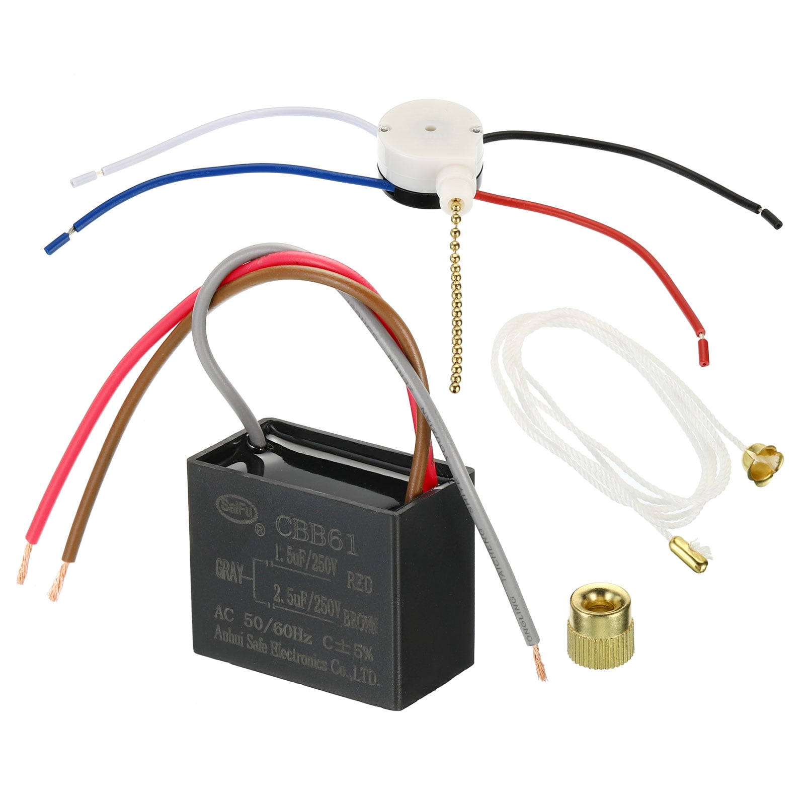 1 x zwarte ventilatorcapaciteit CBB61 1,5 uF 2,5 uF 3 draden AC 250 V 50/60 Hz capaciteit voor plafondventilator