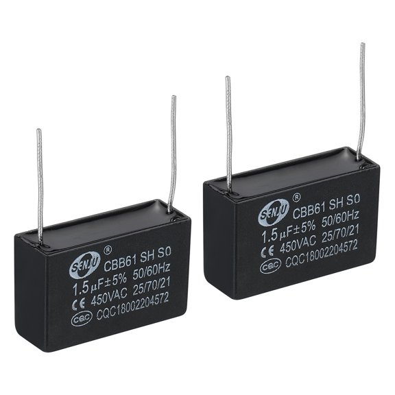 CBB61 Ceiling Fan Capacitor, 2pack 1.5uF 450V AC 50/60HZ with 2Pins 36x12x22mm for Fan