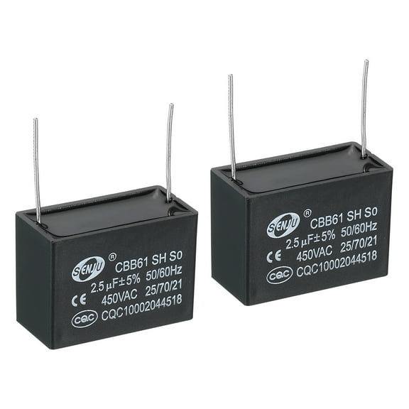 CBB61 Ceiling Fan Capacitor, 2pack 2.5uF 450V AC 50/60HZ with 2Pins 38x16x25mm for Fan