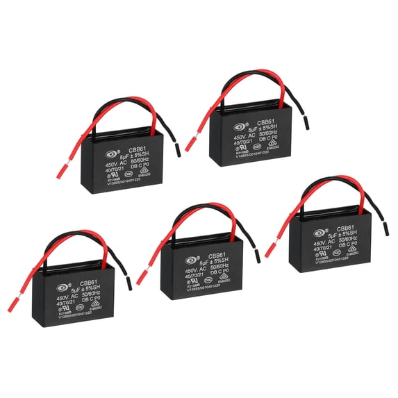 CBB61 Ceiling Fan Capacitor, 5Pcs 5uF 450V AC 50/60HZ with 2 Wires 47x32x32mm