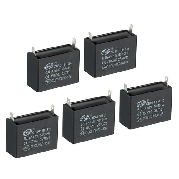 Uxcell CBB61 Ceiling Fan Capacitor for range hood fans 5 Pcs 6uF 450V AC 50/60HZ with 2 Pins 1.83 x 1.25 x 1.29 inch