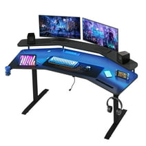 CBBPET Gaming Desk with Led Lights, 62" Large Wing-Shaped Studio Desk with Power Outlets RGB Mouse Pad Monitor Stand Dual Headphone Hanger Cup Holder for Live, Streamer