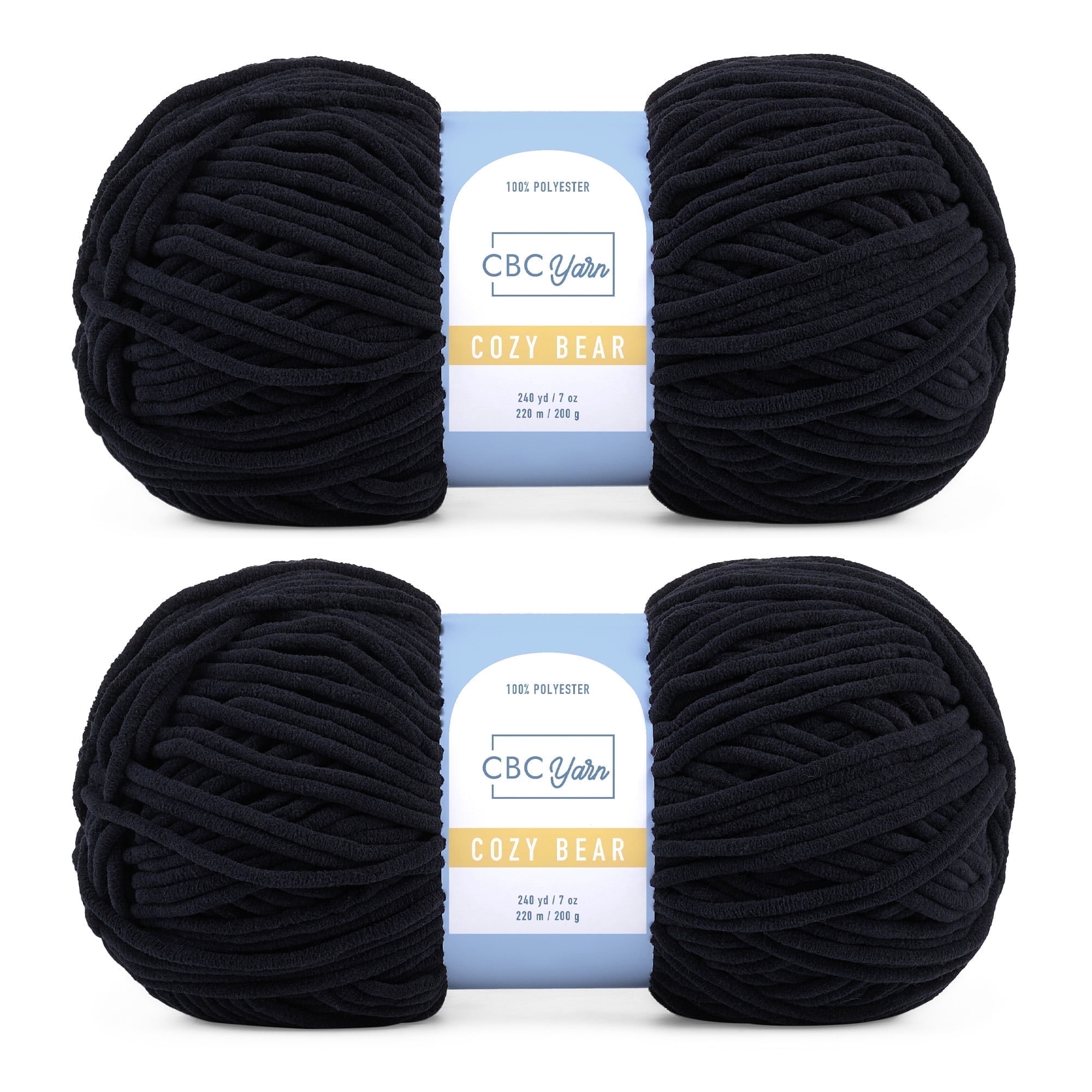 CBC Cozy Bear Gauge 5 Bulky Yarn - 2 Pack (7 oz / 200 g, 240 yards Each Skein), Black, Chenille Yarn for Crocheting, Knitting, and Amigurumi