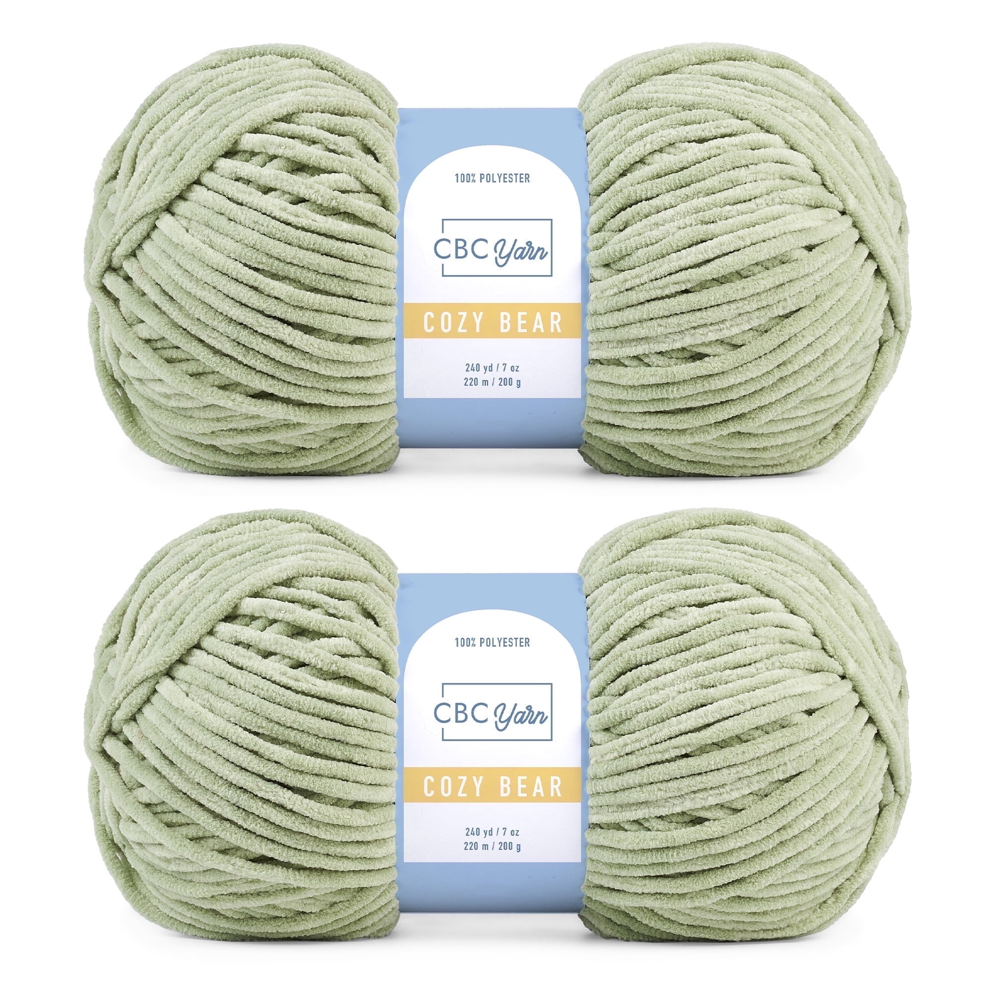 CBC Cozy Bear Gauge 5 Bulky Yarn - 2 Pack (7 oz / 200 g, 240 yards Each Skein), Sage, Chenille Yarn for Crocheting, Knitting, and Amigurumi