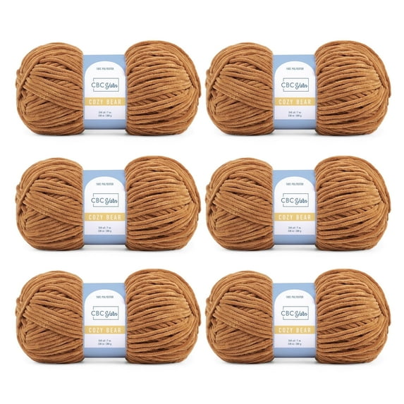 CBC Cozy Bear Gauge 5 Bulky Yarn - 6 Pack (7 oz / 200 g, 240 yards Each Skein), Brown, Chenille Yarn for Crocheting, Knitting, and Amigurumi