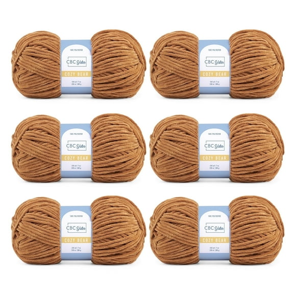 CBC Cozy Bear Gauge 5 Bulky Yarn - 6 Pack (7 oz / 200 g, 240 yards Each Skein), Brown, Chenille Yarn for Crocheting, Knitting, and Amigurumi