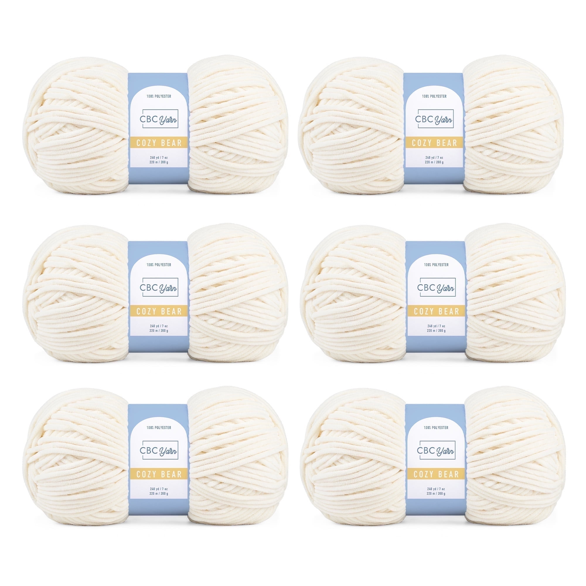 CBC Cozy Bear Gauge 5 Bulky Yarn - 6 Pack (7 oz / 200 g, 240 yards Each Skein), Ivory, Chenille Yarn for Crocheting, Knitting, and Amigurumi