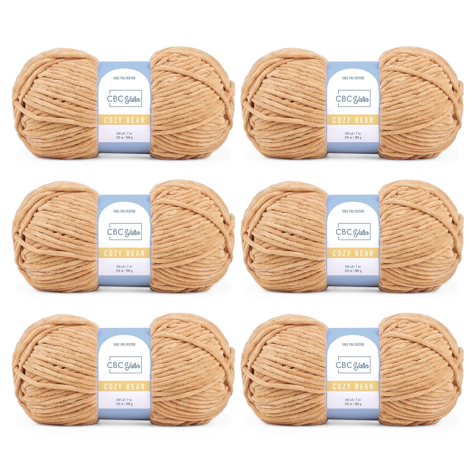 CBC Cozy Bear Gauge 5 Bulky Yarn - 6 Pack (7 oz / 200 g, 240 yards Each Skein), Khaki, Chenille Yarn for Crocheting, Knitting, and Amigurumi
