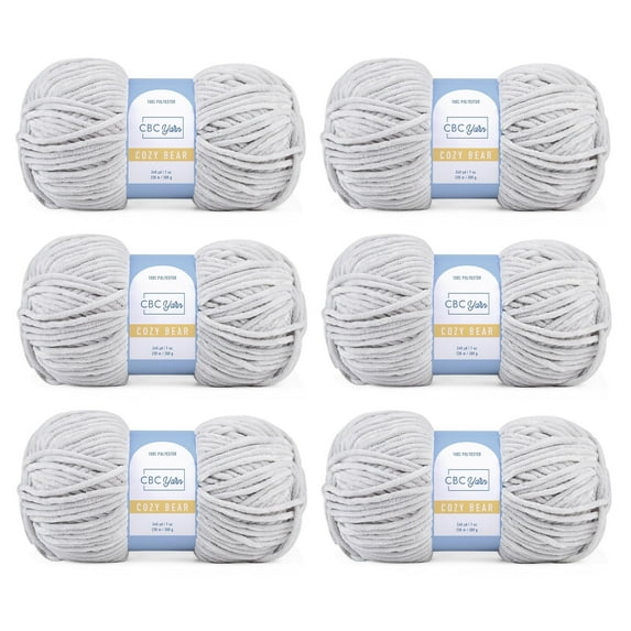 CBC Cozy Bear Gauge 5 Bulky Yarn - 6 Pack (7 oz / 200 g, 240 yards Each Skein), Light Gray, Chenille Yarn for Crocheting, Knitting, and Amigurumi