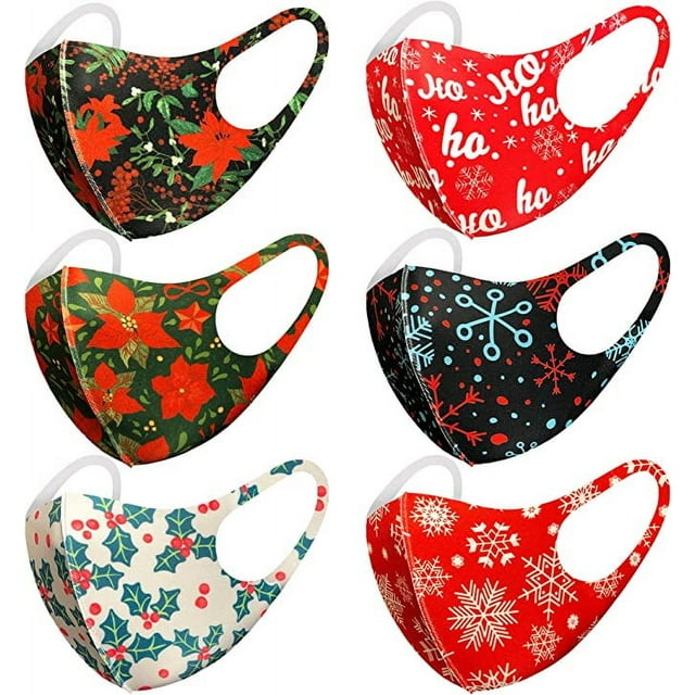 CBC Crown Adult 6 Pack Christmas Patterned Snowflakes & Poinsettia Reusable Cloth Face Mask Set