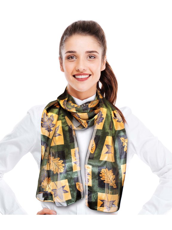 Women's Autumn Boxed Fall Leaves Leaf Pattern 13" x 60" Silk Feeling Scarf