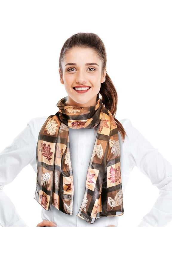 Women's Autumn Boxed Fall Leaves Leaf Pattern 13" x 60" Silk Feeling Scarf