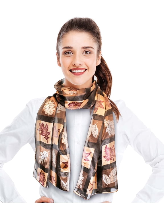 Women's Autumn Boxed Fall Leaves Leaf Pattern 13" x 60" Silk Feeling Scarf