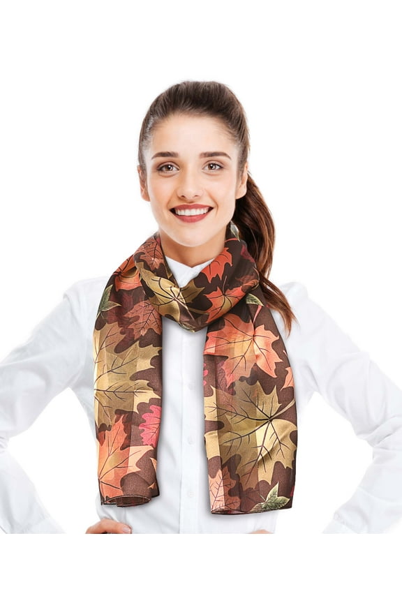 Women's Autumn Maple Fall Leaves Leaf Pattern 13" x 60" Silk Feeling Scarf