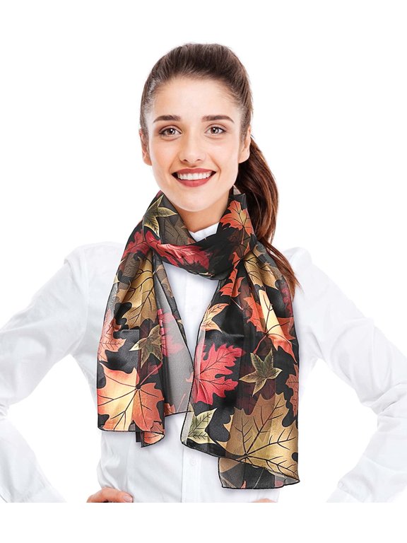 Women's Autumn Maple Fall Leaves Leaf Pattern 13" x 60" Silk Feeling Scarf