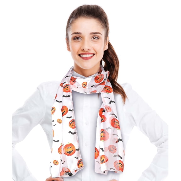 CBC Crown Women's Halloween Pumpkin & Bats Pattern 13" x 60" Silk Feeling Scarf