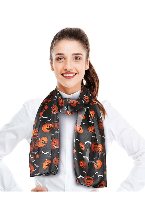 Women's Halloween Pumpkin & Bats Pattern 13" x 60" Silk Feeling Scarf